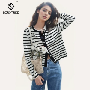 Birdtree, 100%Merino Wool, Elegant Cardigans for Women, Striped, Fashion Office Soft Sweater, 2024 Autumn Winter Top C49521QM