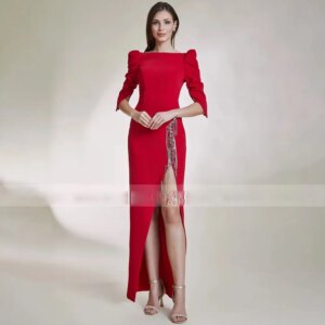 Sexy Evening Dress Royal Blue Floor Length Column Gowns Long Backless Half Sleeves Bateau Slit Women’s Prom Dresses