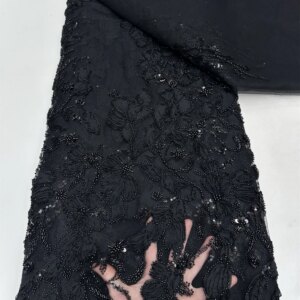 High Quality African Sequins Tulle Embroidered Groom Lace Fabric Beaded Flowers Lace Fabric For Nigerian Wedding Material