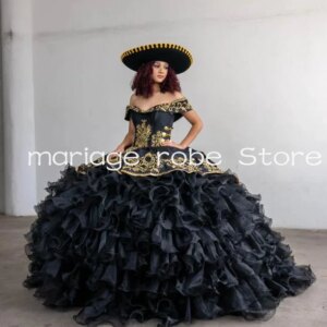 Ruffled Charro Off Shoulder Ball Gown Quinceanera Dresses Black Gothic customsized Embroidery Applique Corset vestido de 15 anos