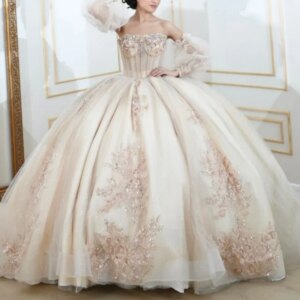 Light Champagne Shiny Quinceanera Dresses Off Shoulder Ball Gown Sweet 16 Dress Beads Appliques Birthday Party Vestidos De 15