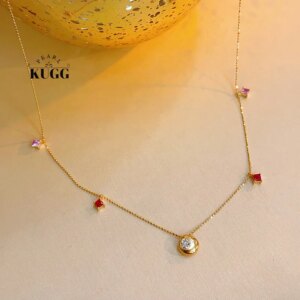 KUGG 100% 18K Yellow Gold Necklace Women Romantic Style Shiny Diamond Natural Color Sapphire Necklace Birthday Gift Fine Jewelry