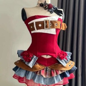 New Sweet Cool Sexy Spicy Girl Style Montage Cowboy Tube Top Irregular Tops Sweet And Spicy Tiered Two-piece Set Red