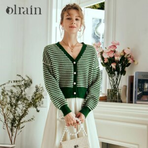 OLrain Spliced Knitted Cardigan 2025 Spring Fashion Plaid Pearl Button V Neck Long Sleeve Knitwear Cropped Outerwear O24CZ58913
