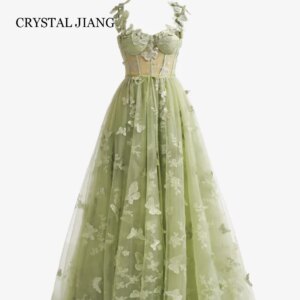 Classic Long Green Sweetheart Tulle Prom Dresses with Butterfly Appliques Lace Up A Line Sweep Train Vestido De Festa