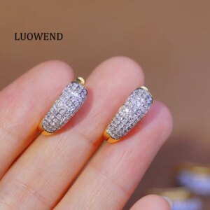 LUOWEND 100% 18K Yellow Gold Earrings Luxury Shiny Design 0.70carat Real Natural Diamond Hoop Earrings for Women Party Jewelry