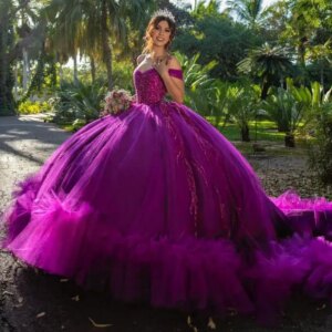 Lavender Ball Gown Quinceanera Dress 2024 with Long Train Beading Purple Ruffles Sweet 16 Dress 15 Birthday Vestidos De XV Años