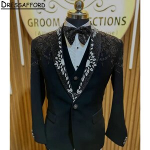 Black Men Suits Two Pieces Beading Appliques Evening Party Blazer Groom Wear ( Jacket + Pants )