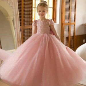 With Bow  for Weddings Gowns Flower Girls Dress Lace Cap Sleeve Dress for Wedding Puffy Tulle Back V-Neck Pageant Prom Ball Gown