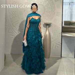 Luxury Saud Evening Dress With Shawl Spaghetti Straps V Neck Beading Floral Petals Arabian Prom Gown Customized Party Dresses