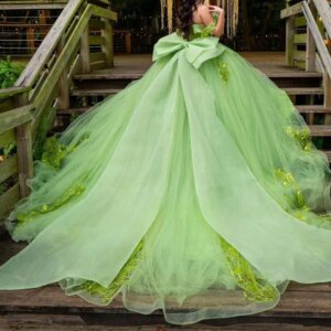 Sage Green Shiny Off Shoulder Quinceanera Dresses Applique Lace Beading Bow Tull Corset Sweet 16 Dress Vestidos 15 De Anos