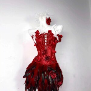 TDHAdoisBAE Same Red And White Rose Gothic Strap Drawstring Feather Corset Waist Straightening Topcoat