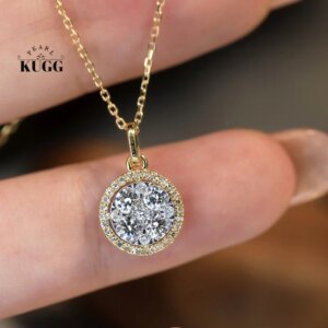 KUGG 100% 18K Yellow Gold Necklace Luxury Round Shape 0.45carat Real Natural Diamond Pendant Necklace for Women Birthday Gift