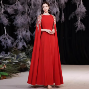 Elegant Red O-Neck French Shawl Beads Pearls Ankle Length Prom Gowns A-Line Empire Fashion Formal Occasion Dress Evening Dresses