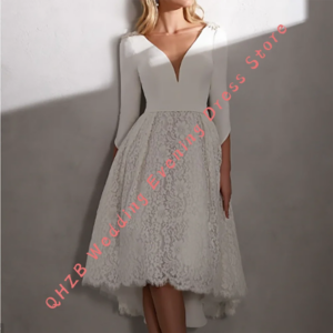 Classic Satin V-Neck Backless Lace A-Line Bride Wedding Dresses Bridal Gowns Customized