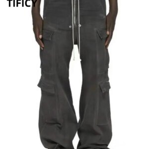 High Street Jean Pants Men’s Dark Pocket Workwear CARGO Wide Leg RO Gradient Elaxtic Waist Denim Loose Flared Pants