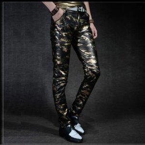 Fit High Quality Slim Zipper Faux Leather Pants Men 2 Colors Leather Pants Men Camouflage PU Mens Leather Pants Fashion Casual