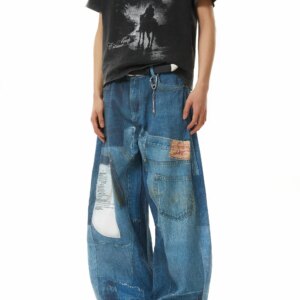 American Retro Digital Printing Loose Wide-Leg Jeans Niche Washed Distressed Trousers for Men