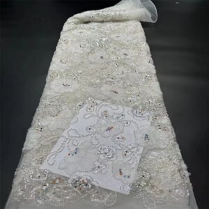 2025 5 Yards African French Lace Fabric High Quality African Sequins Beads Net Lace Embroidery Evening Dresses For Wedding Dress