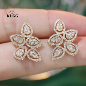 KUGG 100% 18K Yellow Gold Earrings Elegant Shiny Design 0.90carat Real Natural Diamond Stud Earrings for Women Party Jewelry