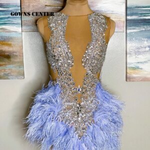 Special Feathers Prom Dresses Cute Beaded Rhinestones Cut Out Homecoming Gowns Black Girl Birthday Dress Customized
