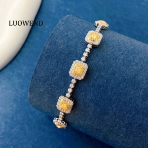 LUOWEND 100% 18K White Gold Bracelet Luxury Fashion Design Real Natural Yellow Diamond Bracelet for Women High Party Jewelry