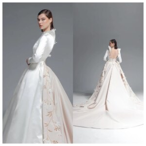 Customized Temperament  White Satin Evening Dress O-Neck Long Sleeves Celebrity Gowns Vestido De Novia High Quality    Open Back