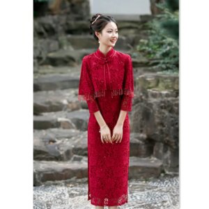 Red Lace Cappa Cheongsam Qi Pao Suit Two-Piece Set Autumn and Winter New Fashion Improvement Bride Dress Wedding