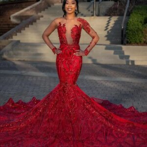 Customized Charming Red Evening Dresses Illusion Sequins Lace Long Sleeves Mermaid Prom Gowns Girls Birthday Robe 2025