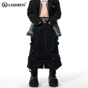 LUZHEN 2025 New Original High Street Loose Multi Pockets Design Cropped Trousers Men’s Stylish Patchwork Straight Pants LZ9820