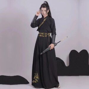 Men’s Hanfu Black Collar Waist Embroidery Set Chinese Traditional Han Clothing Dynasty Spring and Autumn Student