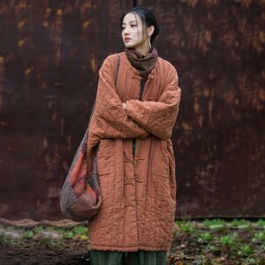 Winter Women’s Clothing New Ramie Quilted Vertical Plaid Jacket Cotton Clothes Wandering Zen Style Cotton-Padded Robe