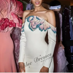 Customized Off Shoulder Beaded Flower Evening Luxury Crepe Gown For Prom Wedding Gala Formal Events Women’s Party Dress