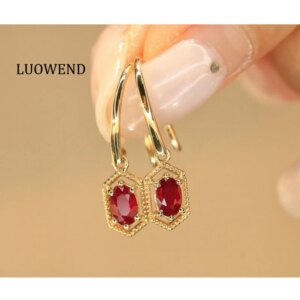 LUOWEND 100% 18K Yellow Gold Earrings Elegant OL Style Natural Ruby Gemstone Hoop Earrings for Women High Party Jewelry