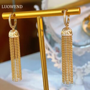 LUOWEND 100% 18K Yellow Gold Earrings Fashion Ethnic Style Real Natural Diamond Drop Earrings for Women High Party Jewelry