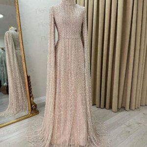 Floria Middle East Champagne Celebrity Dress Dubai Muslim Long Cape SLeeve Pus Size Wedding Guest Dress Beaded Customized