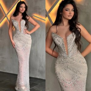 Elegant Strapless Crystal Evening Dresses Beading Prom Dress See Through Illusion Mermaid Party Gowns Vestidos De Noche