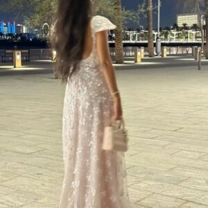 BABYONLINE Customzied Eveing Gown Short Cape Sleeve Floral-beaded Embroidery Crystals on Dresses Open Back Maxi Engagement Gown
