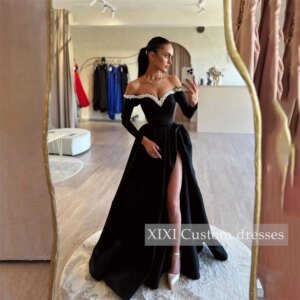 XIXI Customized Evening Dresses A-Line Split Off-The-Shoulder Neckline Prom Dresses Beadings Floor-Length Lining Women’S Evening