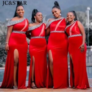 Red Luxury African Abiti Da Damigella Long Lace Satin Bead High Slit Prom Dress One Shoulder Sexy Mermaid Vestido De Gala New