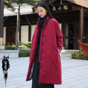 Winter New Retro Women’s Artistic Cotton and Linen Clothing Contrast Color Mid-Length Cotton-Padded Jacket Loose Coat
