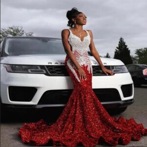 Sparkly Red Sequin Prom Dresses For Black Girls Stones Crystal Mermaid African Nigeria Spaghetti Straps Evening Gown Customized