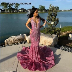 EVLAST Customized Pink Sequins Mermaid Prom Dress 2025 BlackGirl V Neck Diamond Crystal Beaded Evening Party Gala Gown E3P272