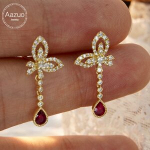 Aazuo 18k Yellow Gold Jewerly Natural Ruby Real Diamond Flower Waterdrop Stud Earrings Gifted For Women Engagement Wedding Party