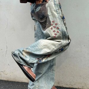 Multi-Key Chain Love Heart Digital Printing Distressed Wide Leg Logging Jeans