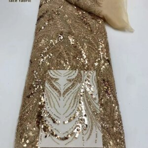 Gold African Heavy Beaded Lace Fabric 2024 High Quality 5 Yards Nigerian Sequins Groom Fabric Material For Wedding Party Dress