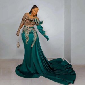 Teal Evening Dress Pleated Sleeve Ruffle Applique Elegant Formal Gowns Overskirt Removable Beads Gorgeous Mermaid Prom Dresses