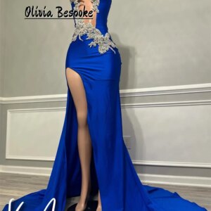 High Split Royal Blue Mermaid Prom Dresses Beaded Rhinestone See Thru 2025 Birthday Luxury CustomizedFor Black Girls Customized