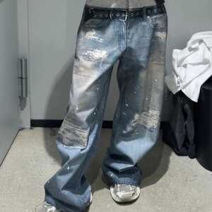 Underwear Double Waist Digital Printing Destroyed Distressed Straight Wide Leg Jeans