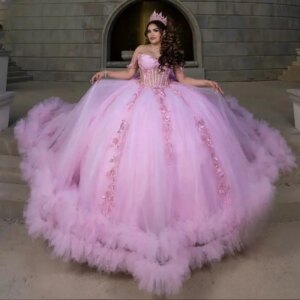 Customized Pink Illusion Pleat Bow Quinceanera Dresses Ball Gown Off The Shoulder Tulle Appliques Lace Sweet 15 Años Mexican